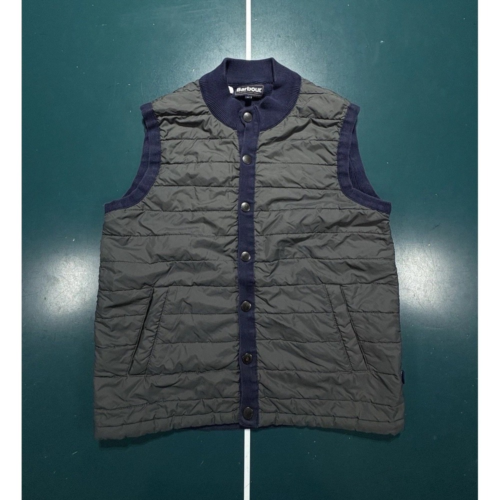 Barbour Essential Gilet Vest Men's Medium Quilted Gray Navy Blue Knit Snap Front